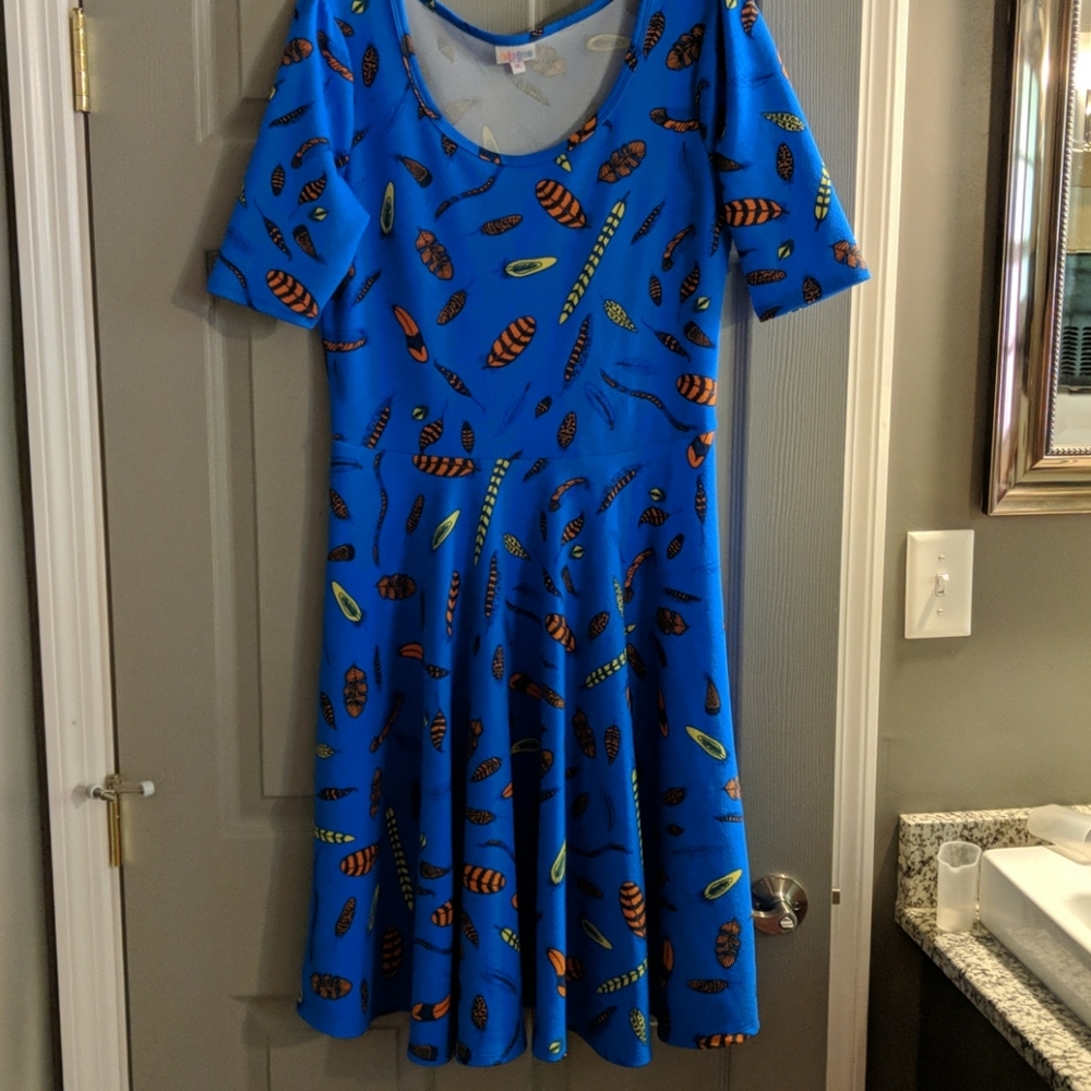 LuLaRoe Nicole Dress, Blue with Feather print